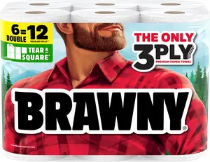 Brawny Tear-A-Square 3-Ply Paper Towels, 6 Double Rolls = 12 Regular Rolls, Strong, Absorbent, and Durable with 3 Sheet Sizes (Quarter, Half, Full)-pick to size paper towels