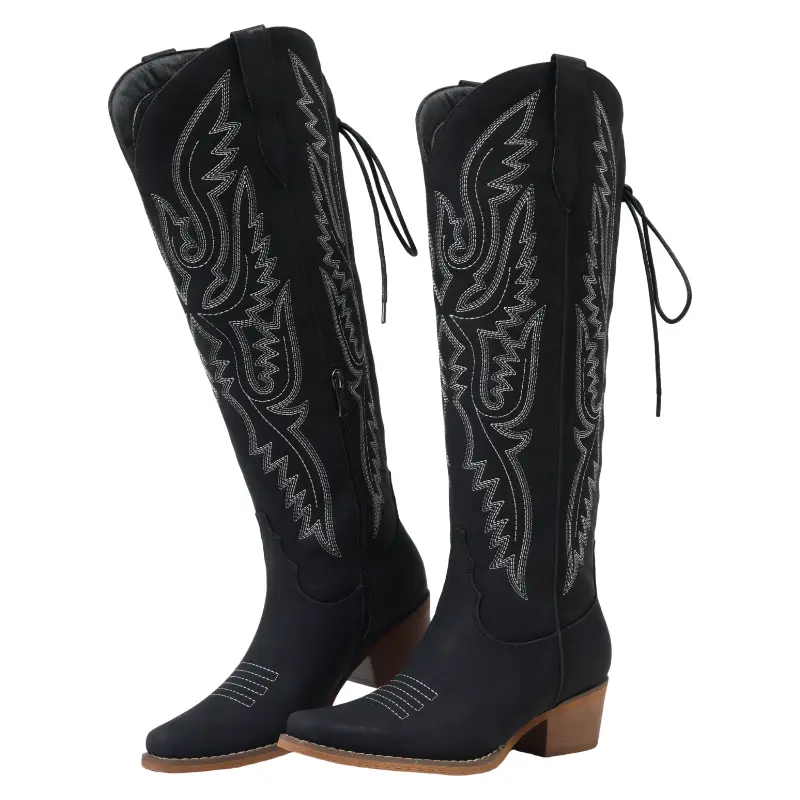 Women's Western Style Boot, Embroidered Knee-High Cowboy Boots with Pointed Toe, Block Heel, Wide Calf Fit and Side Zipper, Western Elegance, Urban Cowboy, Suede-Like, Lace, Decor, Shoes For Women, Cowboy Aesthetic