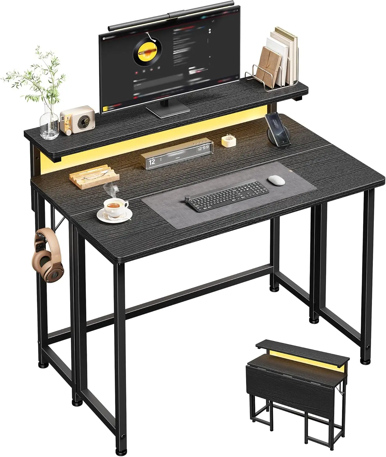 【College & Apartment Essentials】31.5’‘ Compact Foldable Writing Table with Monitor Stand,Gaming desk for Tiny Room,Sturdy Folding Computer Desk with LED for Bedroom, Home-Office Desk with Hooks,Essential Items for Apartment,39.4''W x 18.9''D x 35''H,Black