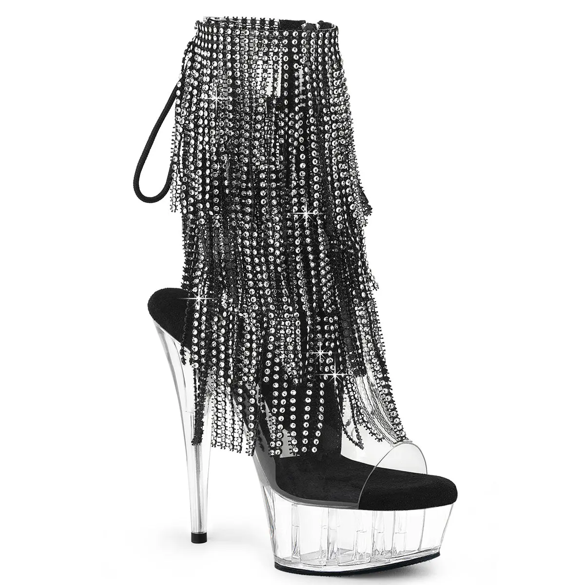 Pleaser Women's Rhinestone Fringe Ankle Boots, Elegant 6" Stiletto Platform Heels with Open Toe and Lace-Up Back