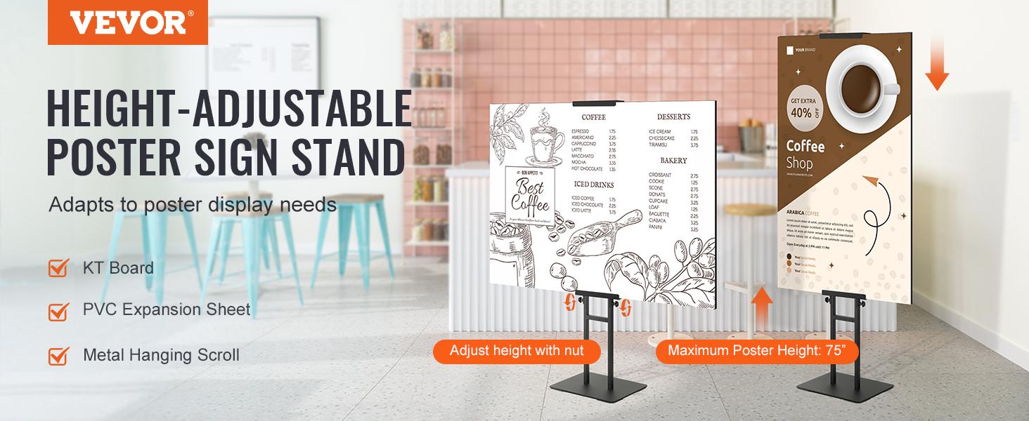 VEVOR Poster Stand, TikTokShopBlackFriday, Adjustable Height Up to 75", Double-Sided Heavy Duty Pedestal Sign Holder, Floor Standing Sign Holder Banner Stand with Shock-absorbing Base for Display, for Board and Foam, Black