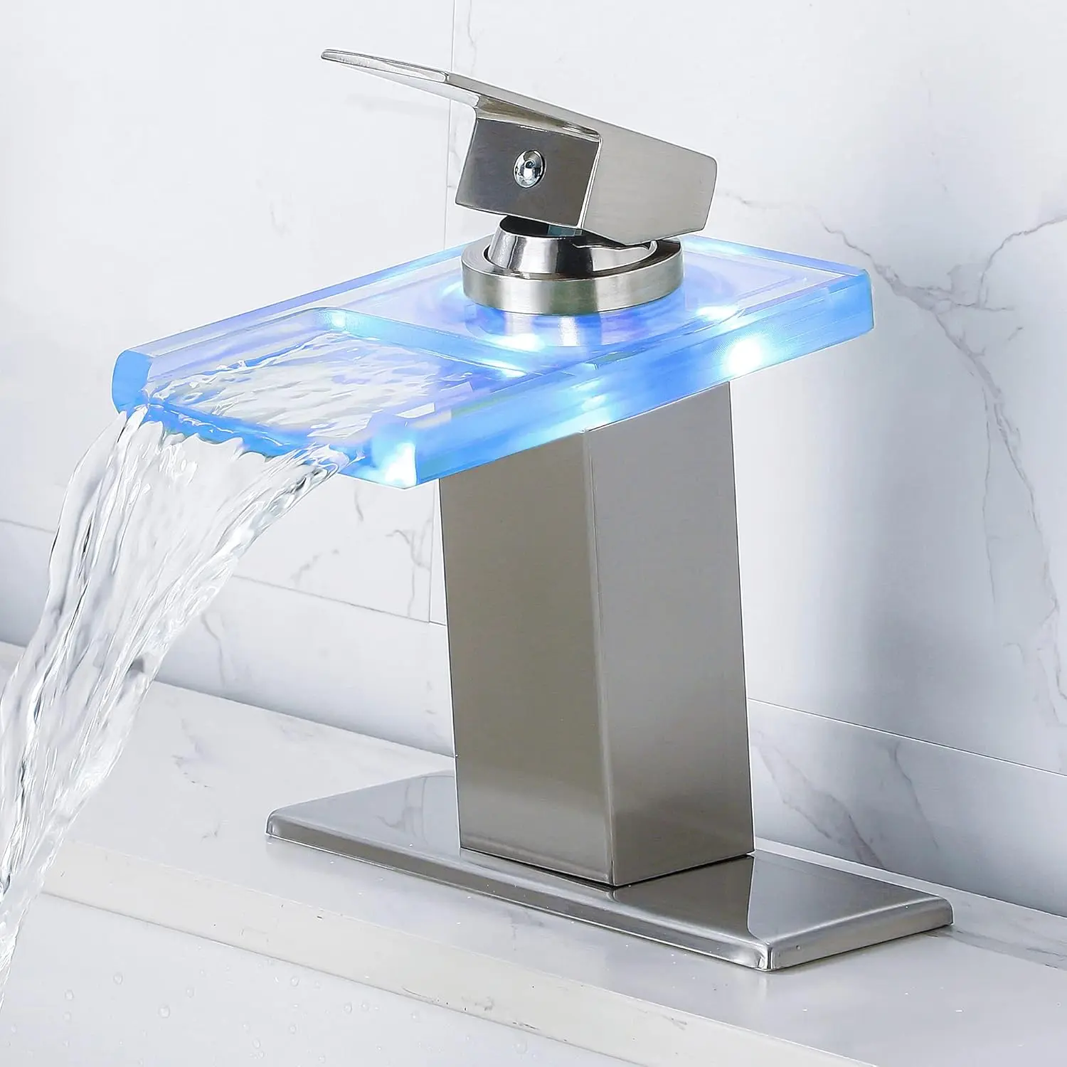 Brushed Nickel Rust-Resist Steel LED Bathroom Sink Faucet - Single Hole or 4 in Centerset Indoor Bath Waterfall Tap with Glass Wide Spout, Temperature-Sensitive Lights, Leakproof Ceramic Valve, 15min DIY Install, Deck Plate Included