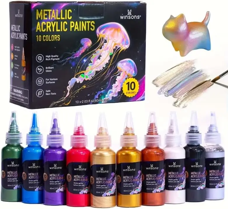 WINSONS Metallic Pearlescent Acrylic Paint Set, 10 Colors, 2.03oz/60ml Bottles, Rich Pigments, Non-Toxic for Artists & Adults, Ideal for Canvas, Rocks, Ceramic, Wood