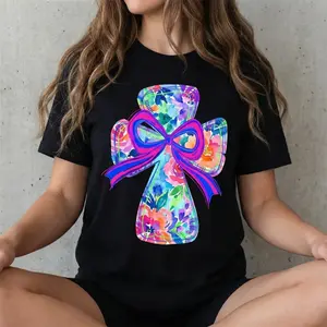 Vibrant Cross and Bow Design Cotton Casual Round Neck Short Sleeve Summer T Shirt Featuring He Is Risen Graphic Suitable for Family Matching Christian Holiday Outfits Made in Usa