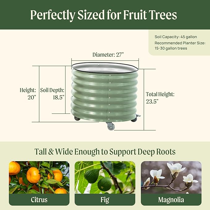 Vego Garden 20 Gallon Rolling Planter Metal Citrus Tree Planter with Wheels for Patio Porch & Backyard Classic Design for Dwarf Trees