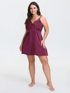 【Lace Trim】BLOOMCHIC Women's Sheer Satin Lace Short Sleeve Smooth Nylon Mini Nightwear Dress - 2026 Summer Vibes Swimweek Spotlight Garment Deals Fit Womenswear