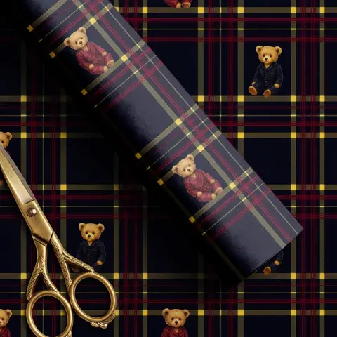 (Recommended 30" x 180") Dark Tartan Teddy Bear Gift Christmas Wrap, Heritage Holiday Plaid, Premium Matte or Glossy Paper