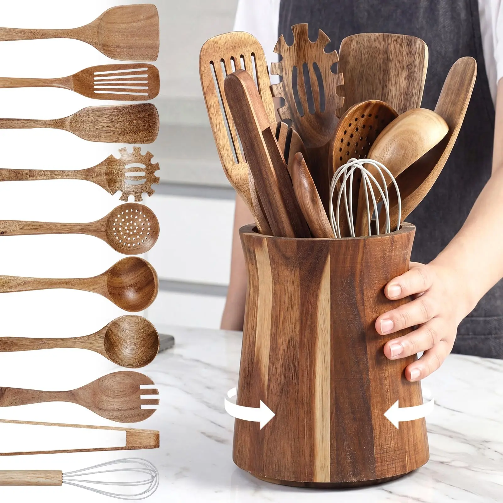 360° Rotating Acacia Wood Utensil Holder - Sturdy, Stylish Kitchen Organizer with Natural Grain, Large Capacity Storage for Knives & Daily Tools, Farmhouse Countertop Decor with Easy Spin Access, Rotates