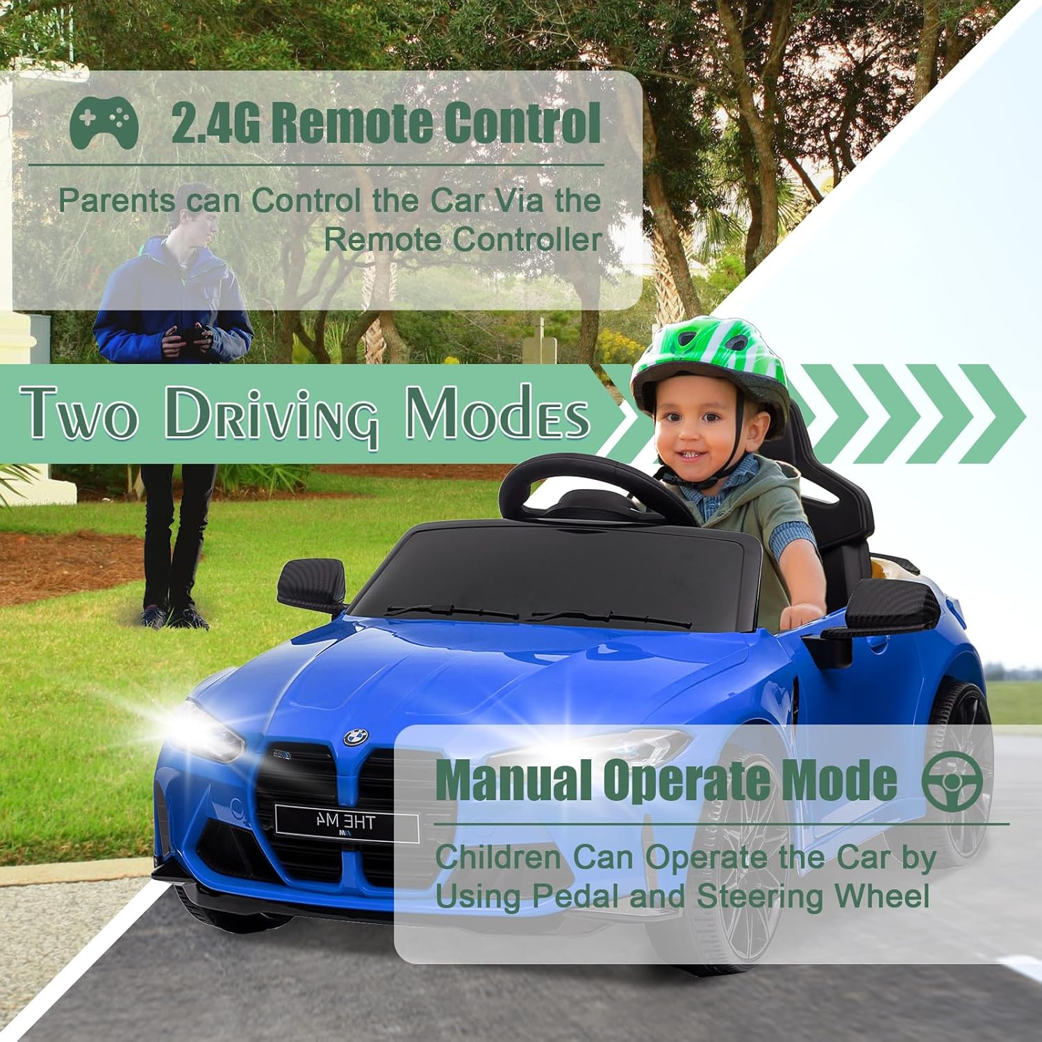 GARVEE 12V Electric Ride On Car for Ages 37-83 Months, RC Control, BMW M4 Licensed, with Suspension System, 3 Speed Options, Bluetooth, MP3, Double Door, LED Lights - Available in Blue, Yellow, White, Red, and Black