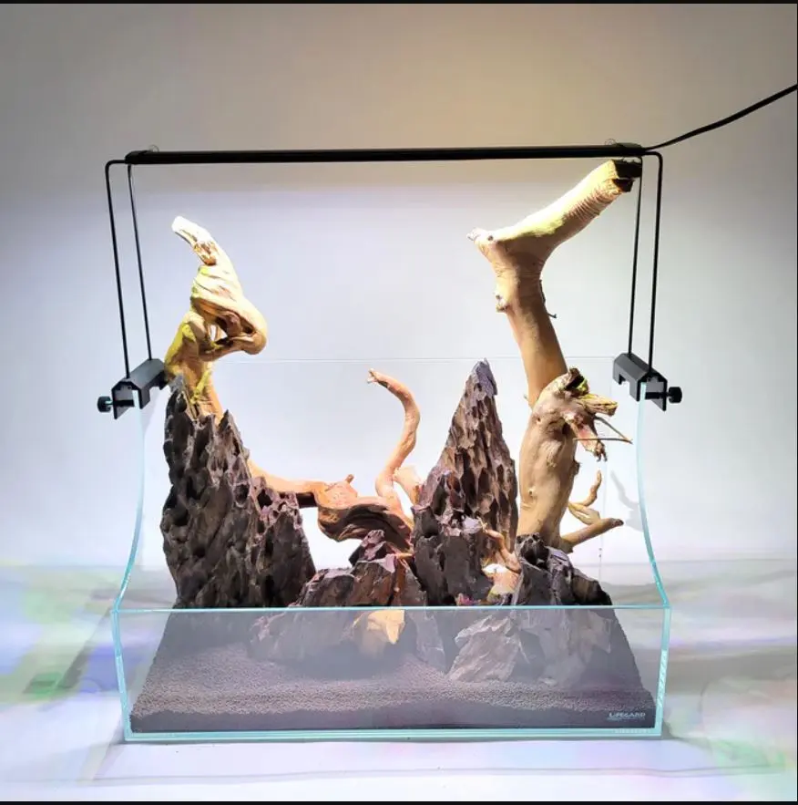 Lifegard Rimless Curved Sides Low Iron Glass Terrarium-Paludarium Complete Kit, 3.6 gal, 5mm Thickness, 18" Full Spectrum Light, 8" LED Light Mounting Brackets, External Filter Connection, Leveling Mat, 18.90"x8.86"x5", Customizable Displays