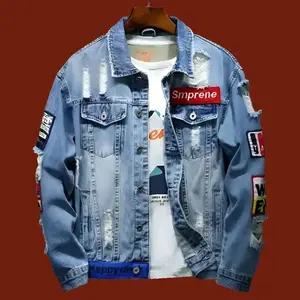 Men's loose denim jacket, denim style design, long sleeved men's casual jacket, torn denim jacket, printed jeans, worn-out fashionable top, underwear, human body