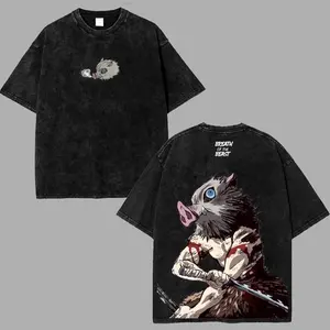 90s Anime Graphic T-Shirt, Unisex Distressed Acid Washed Streetwear Top, Casual Short Sleeve Round Neck Tee for Men