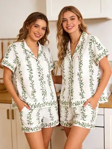 Womens Floral Pajama Set Short Sleeve Button Down Sleepwear Two Piece Lounge Set Soft Summer PJ Outfit Cute Casual Sleep Set Spring Summer Outfit 2026 Easter Pajamas Mothers Day Gift Bridal Pajamas Pajama Party Lounge Wear