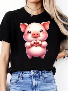 Heart-shaped Pig, Cute Pig, Sexy Pig, Gift, Limited Edition, New Women's Round Neck Casual Sporty All-Season Comfortable T-Shirt