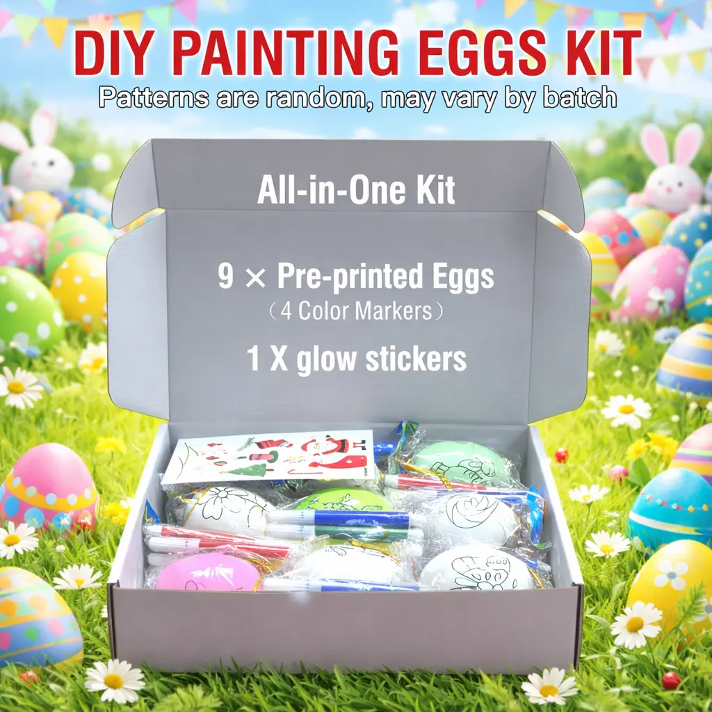 9PCS DIY Easter Egg Decorating Kit for Kids – All-in-One Easter Craft Kit, Creative Painting Eggs Toy, Easter Basket Stuffer Diy Sticker Paper Acrylic Paint Markers, Paint Pen