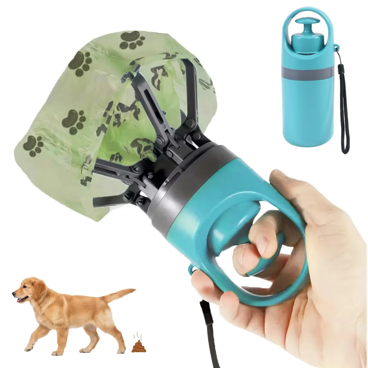 Dog Pooper Scooper - Plastic Outdoor No-Touch Cleaner with Concealed Waste Storage Container, Compact Portable Claw-Shaped Tool, 15PCS Bag Attachments for Pet Waste Removal, Teal Green