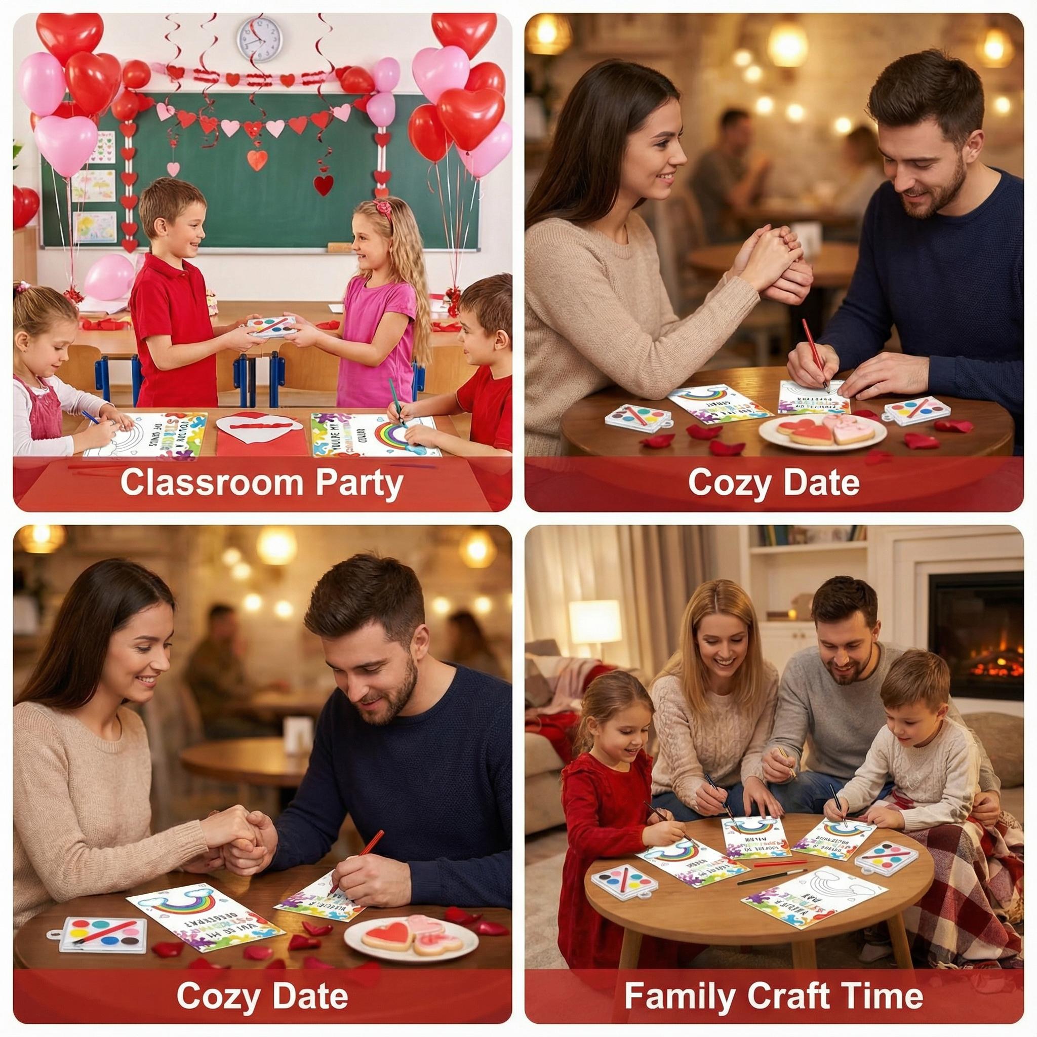 18/50 Pcs Valentine's Mini Watercolor Paint Cards Sets Kids Valentine's Art Gift Includes Valentines Gift Painting Cards  Brush Paint Sets with Adhesive Dots for School Classvalentines teacher students Party Gifts