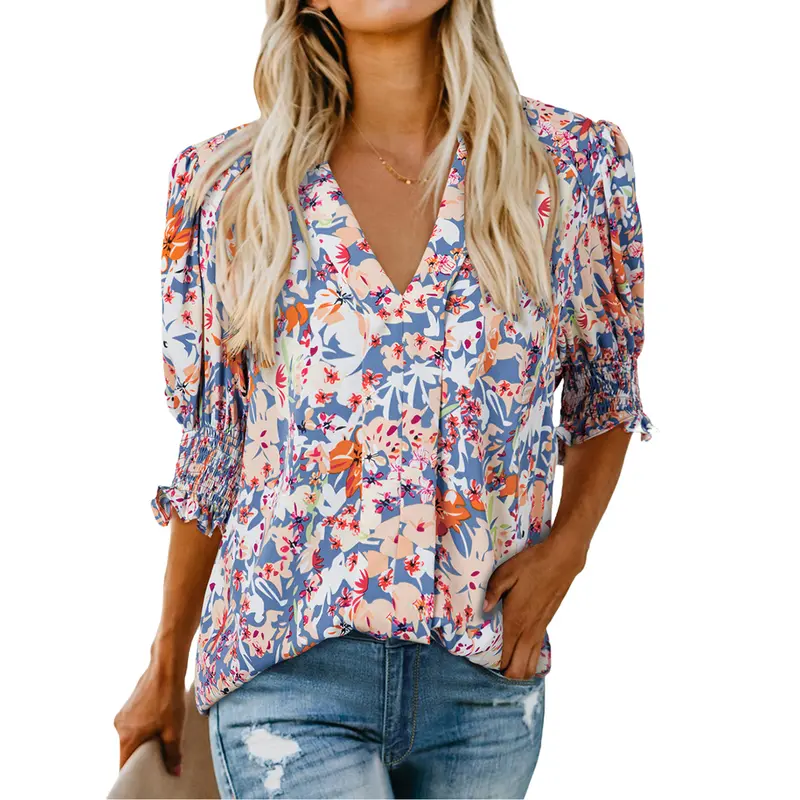EVALESS Women's Graphic & Solid V-Neck T-Shirts - Ruffle Short Sleeve Boho Floral Lightweight Cute Blouses, Everyday Women's Tops for Beach-to-Office, Party, Work, 2026 Spring/Summer Casual Chic Outfits (Back to School Shopping Deals)