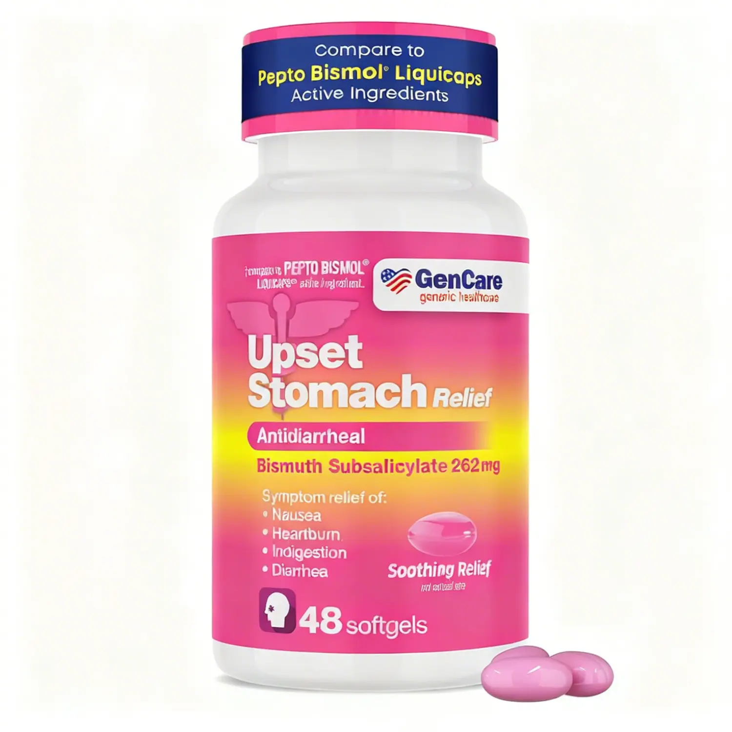 【HSA/FSA Eligible】GenCare Stomach Upset Relief Capsules, 48 ​​softgels, 262mg Bismuth Subsalicylate Antidiarrheal, provides relief from nausea, heartburn, and indigestion due to acid reflux. A generic alternative to Pepto-Bismol tablets.