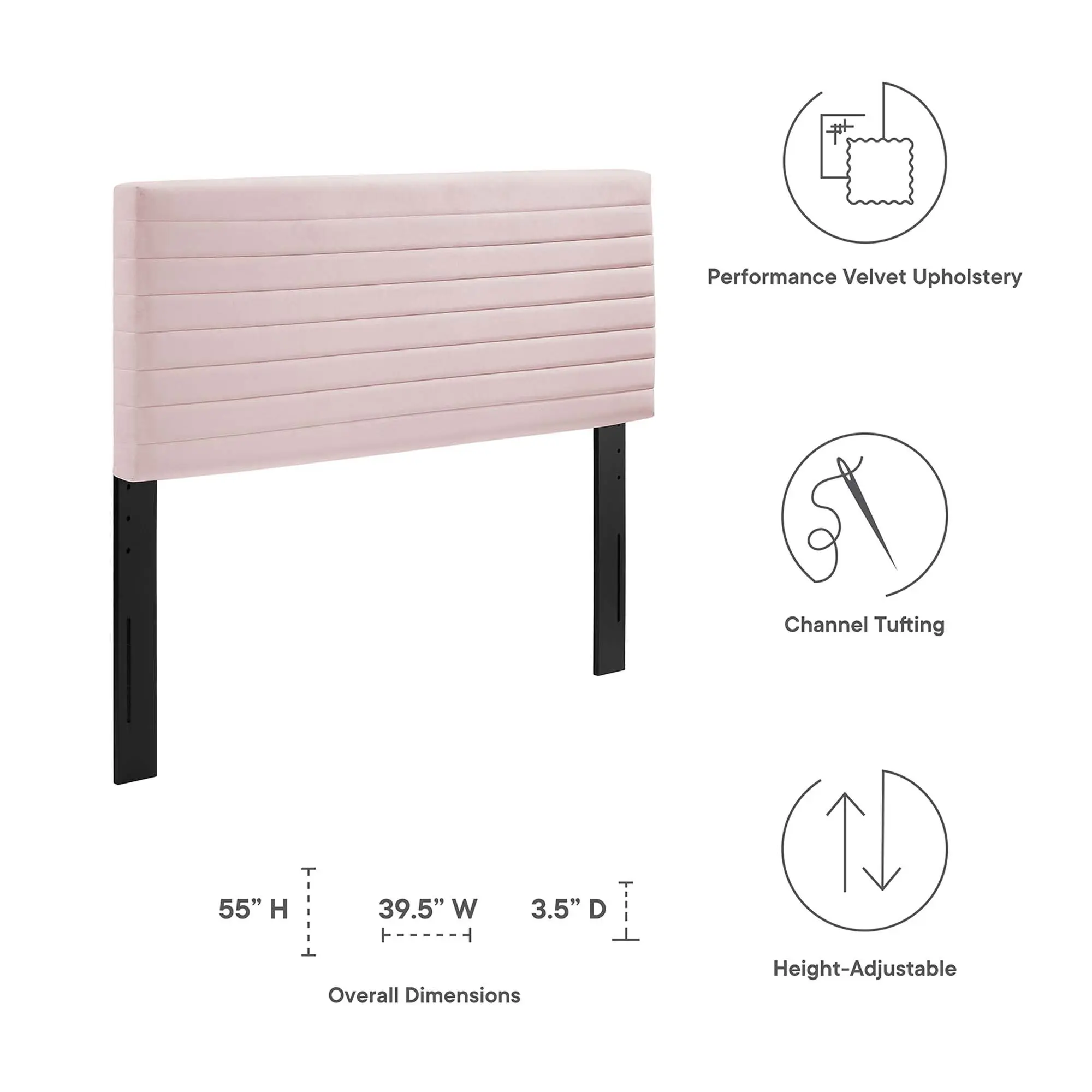 Modway Tranquil Twin Fabric-Covered, Height-Adjustable Headboard in Pink, Fabric-Covered Headboards, Height-Adjustable Headboards