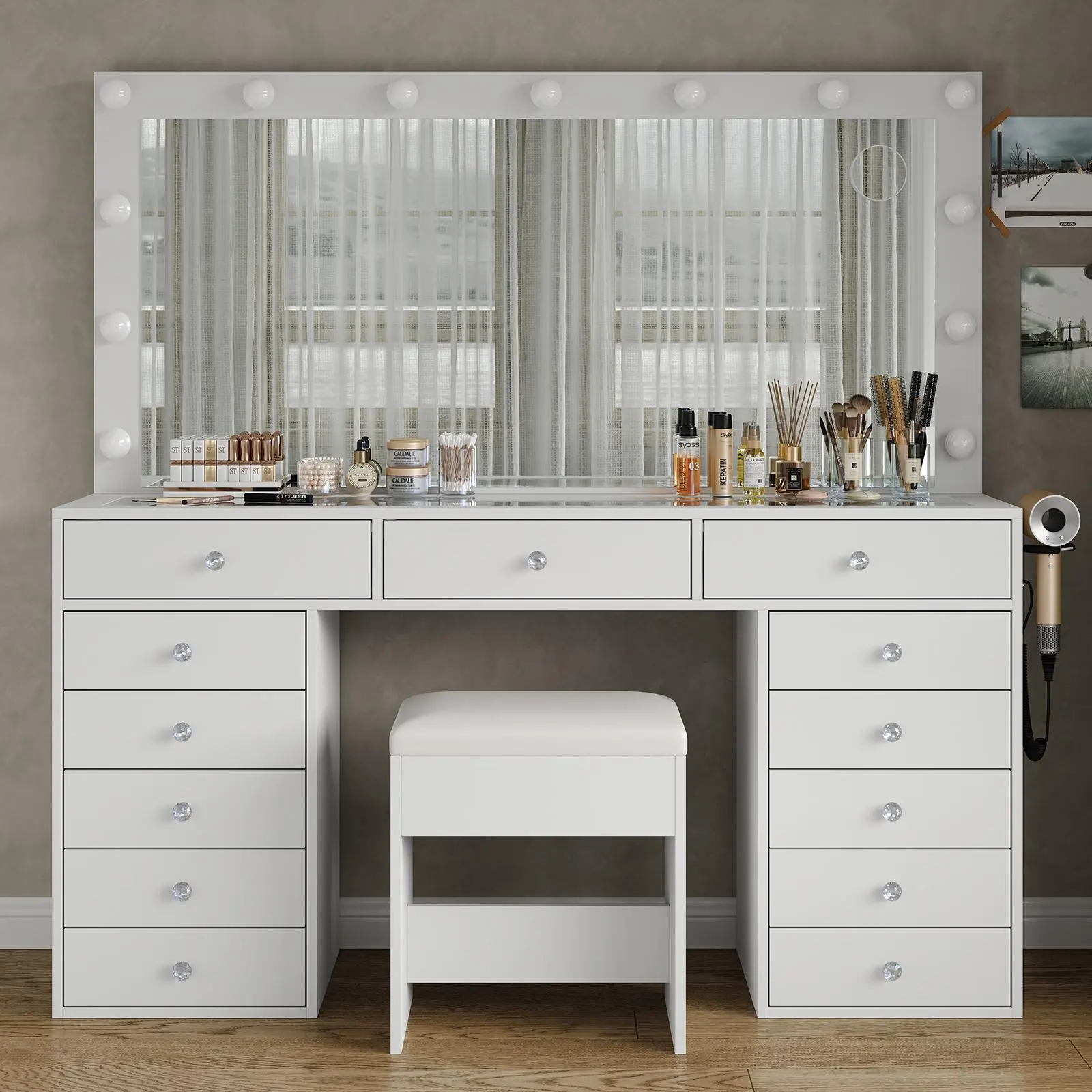 FUSOU 55"W 13 Drawers Vanity Desk, [Shipping By 2 Packages],Makeup Vanity with Power Outlet, Vanity Table with Mirror and 13 LED Bulbs, 3 Color Lighting Modes, Glass Top, Dressing Table for Bedroom,SummerVibe,dorm essentials,home decor