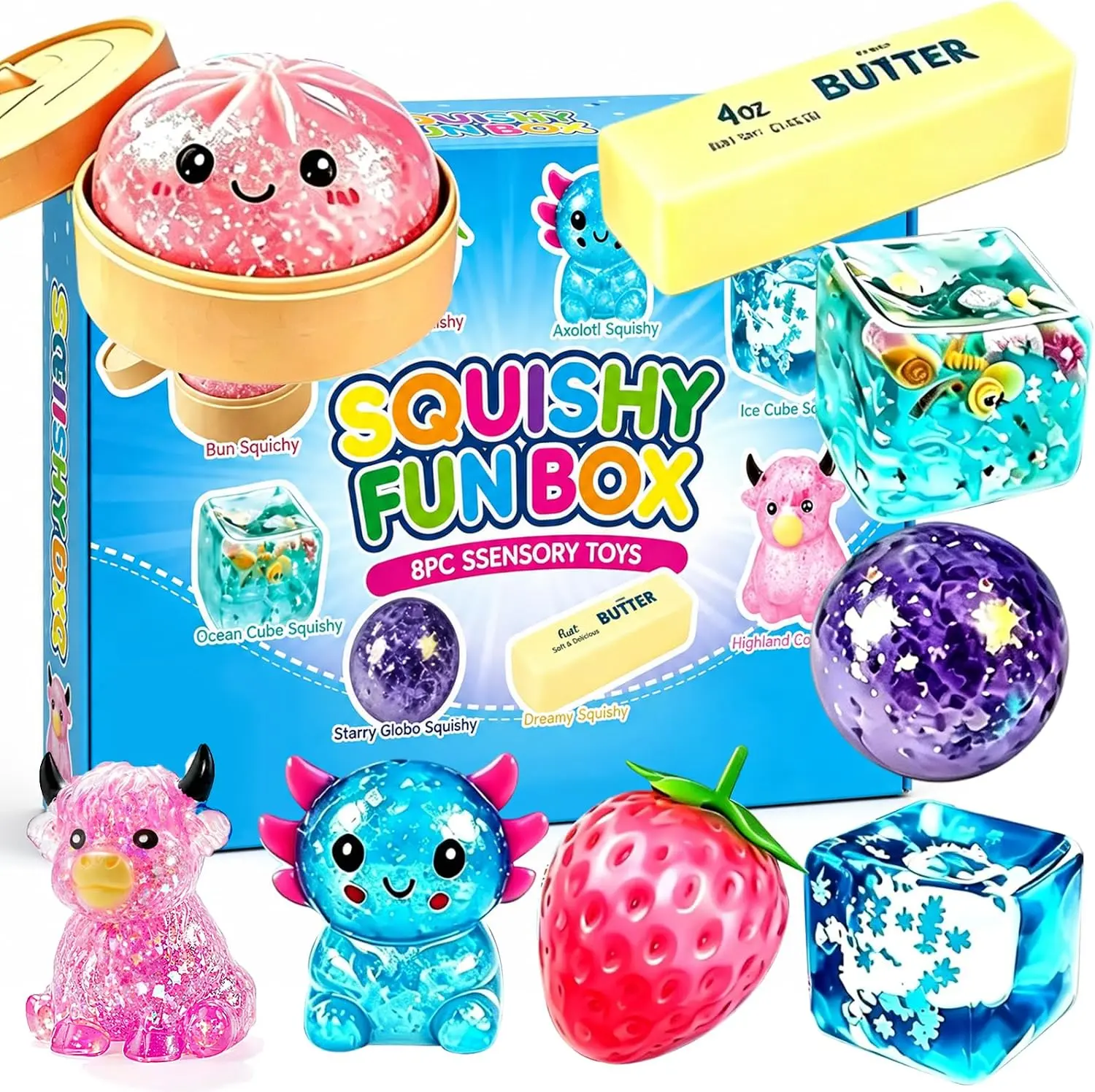 8 PCS Mystery Box Stress Relief Toys Set – Soft Squeezable Bun Pinch Toys for Adults Kids, Fun Sensory Desk Decor & Birthday Party Favor Gifts