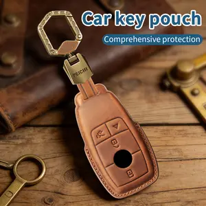 Genuine Leather key fob Case with Keychain, protector for Mercedes Benz - Suitable for E/2017-2023, S/2018-2021, A/2019-2023, C, G Class