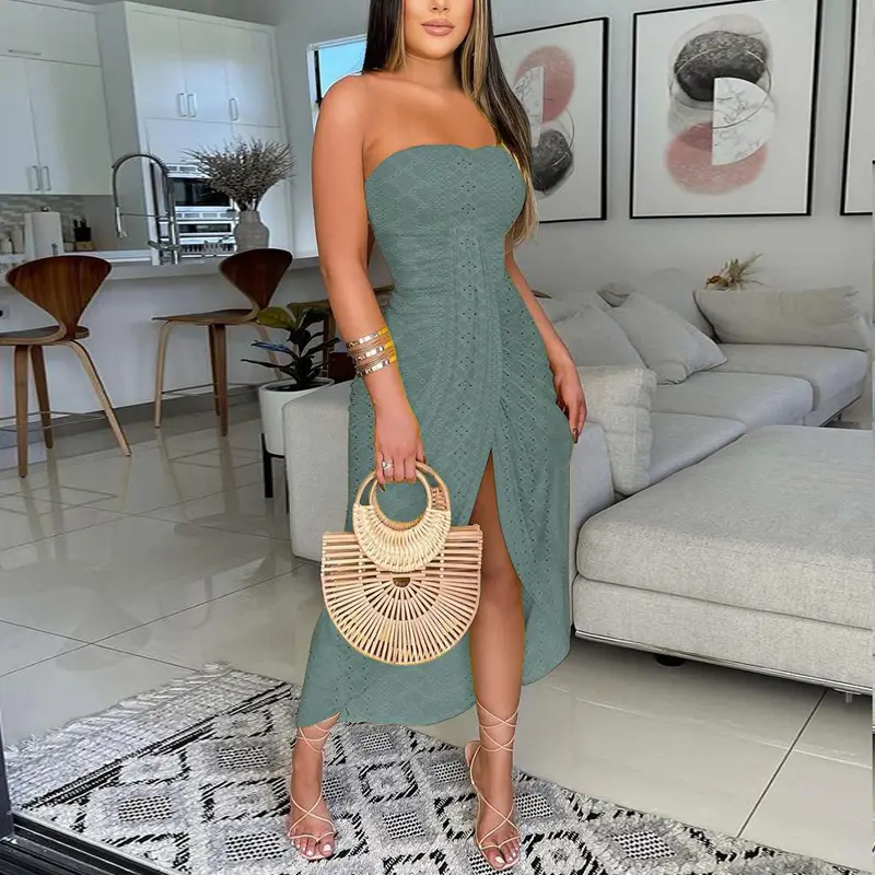 CHICME Women Strapless Ruched High Waist Wrap Split Asymmetrical Beach Maxi Wedding Guest Dress/sundress