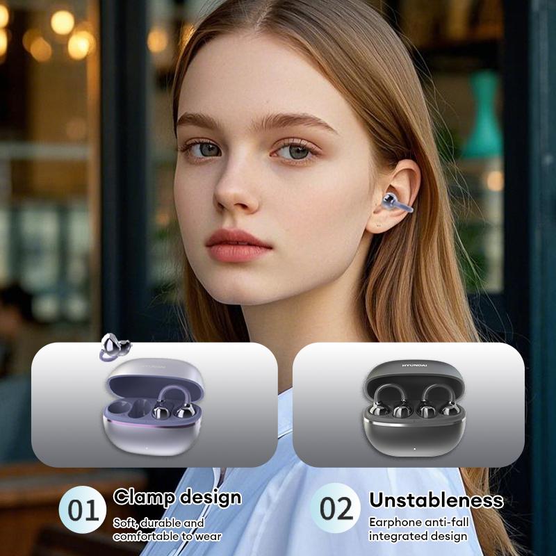 HYUNDAI Earclip C7 Wireless Earphones with Clip-On Design, Upgraded Panoramic Sound, Comfortable Fit, IP45 Waterproof Sports Earbuds, Audio Wireless Headphones for Music, Calls & Workouts