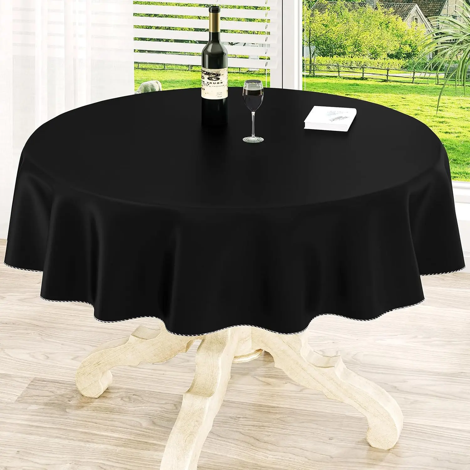 Round Vinyl Tablecloth, Waterproof Spillproof Plastic Flannel Backed Easter Table Cloth, Wipe Clean Table Cover for Dining, Buffet Parties and Camping (Black, 70")