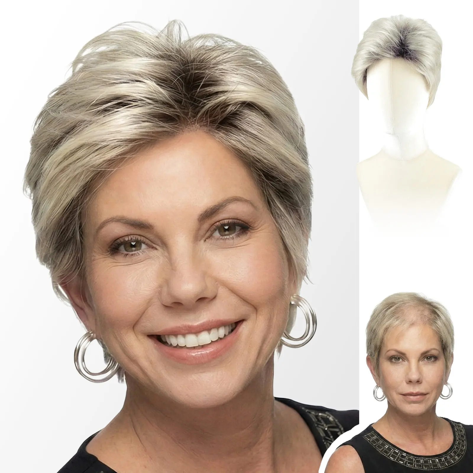 Wendy - WIGYY Short Pixie Cut Wig Glueless Lace Front Synthetic Wig with Bangs, Sliver Grey, Natural Look, Lightweight Heat-Resistant Protein Fiber Daily Wig
