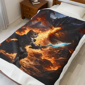 Cat Knight Facing Dragon blanket  Fantasy Velveteen Plush Blanket
