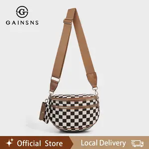 GAINSNS Fashionable Checkerboard Plaid Checkered Women's Large Crossbody Saddle Bag, Casual Versatile Zipper Shoulder Bag with Adjustable & Detachable Strap and Coin Purse, Stylish Minimalist Commuting Lightweight Shoulder Women's Bag