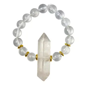 Divine Light Codes Clear Quartz & Selenite Double Pointed Crystal Bracelet with 10 mm Beads for Healing and Higher Energies Unisex Design