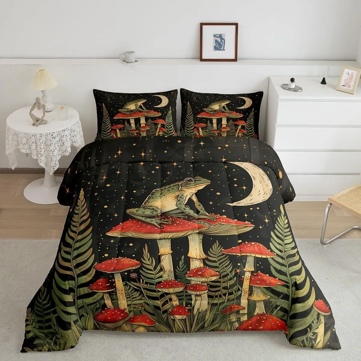 Frog Comforter Set Vintage Frog Mushroom Bedding Set Cute Mushroom Comforter Breathable Star Moon Duvet Set Kawaii Animal Decor Quilt Set