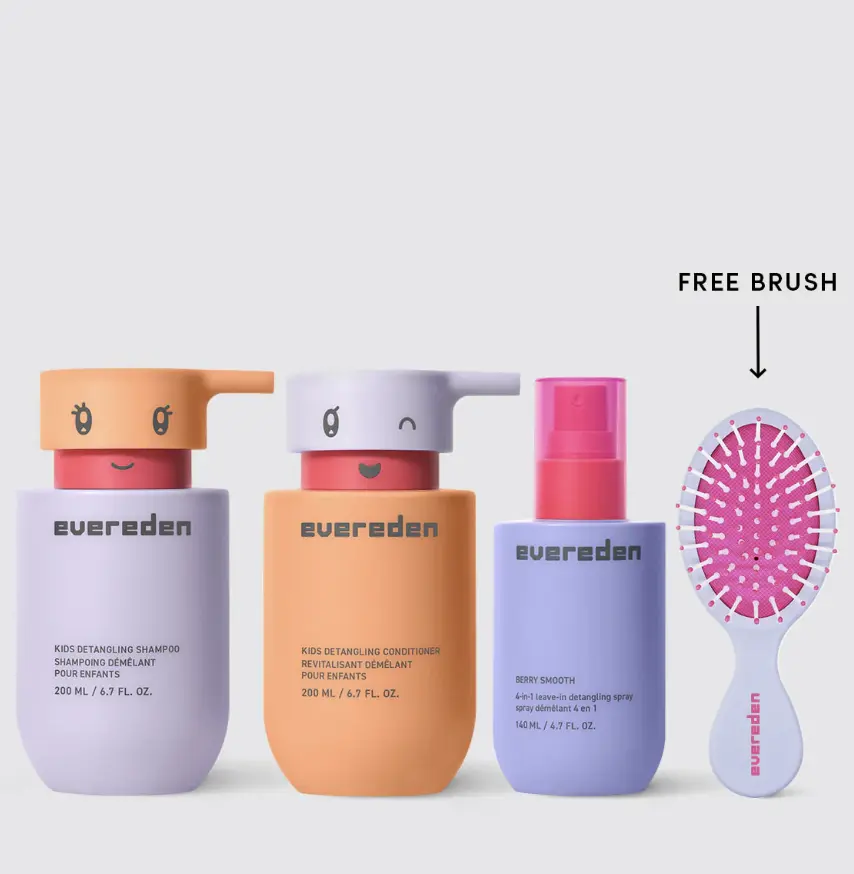Evereden Kids Happy Hair Trio | Shampoo + Conditioner + Leave-In Spray + FREE Brush | Ages 3+ | Silicone-Free