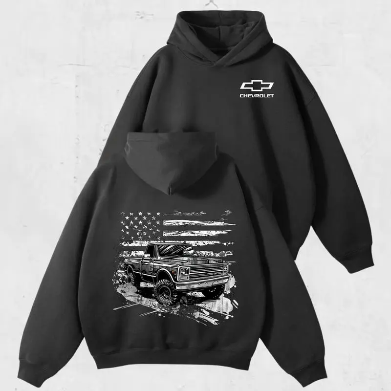 American Flag Chevy Truck Hoodie, Vintage Square Body Graphic, Classic Pickup USA Flag Design, Patriotic Car Guy Sweatshirt, Unisex Casual Daily Wear, Automotive Enthusiast Comfortable Pullover