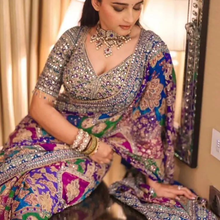 Multicolor Chinon Silk Saree With Mirror Work included unstitched blouse