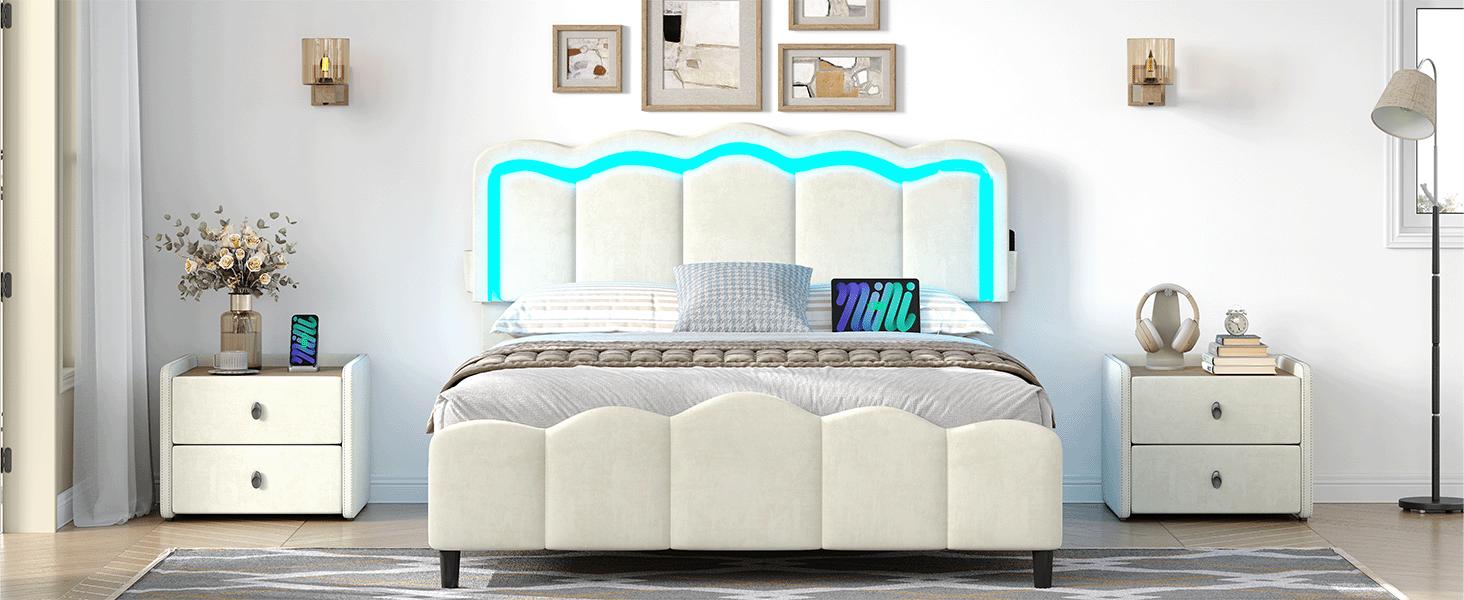 Complete Upholstered Bed Frame with Adjustable Headboard, Chic Double Wavy Design, Velvet Finish, Platform Bed with USB Charging Station, LED Lighting, No Box Spring Required, Pink