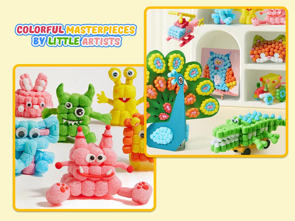 Kiditos Magic Puff Corn Building Kit – 3D Colorful Craft for Kids, DIY Art Set with Sticky Corn Pieces, Templates & Tools – Sensory, Educational & Mess-Free Play for Ages 3+