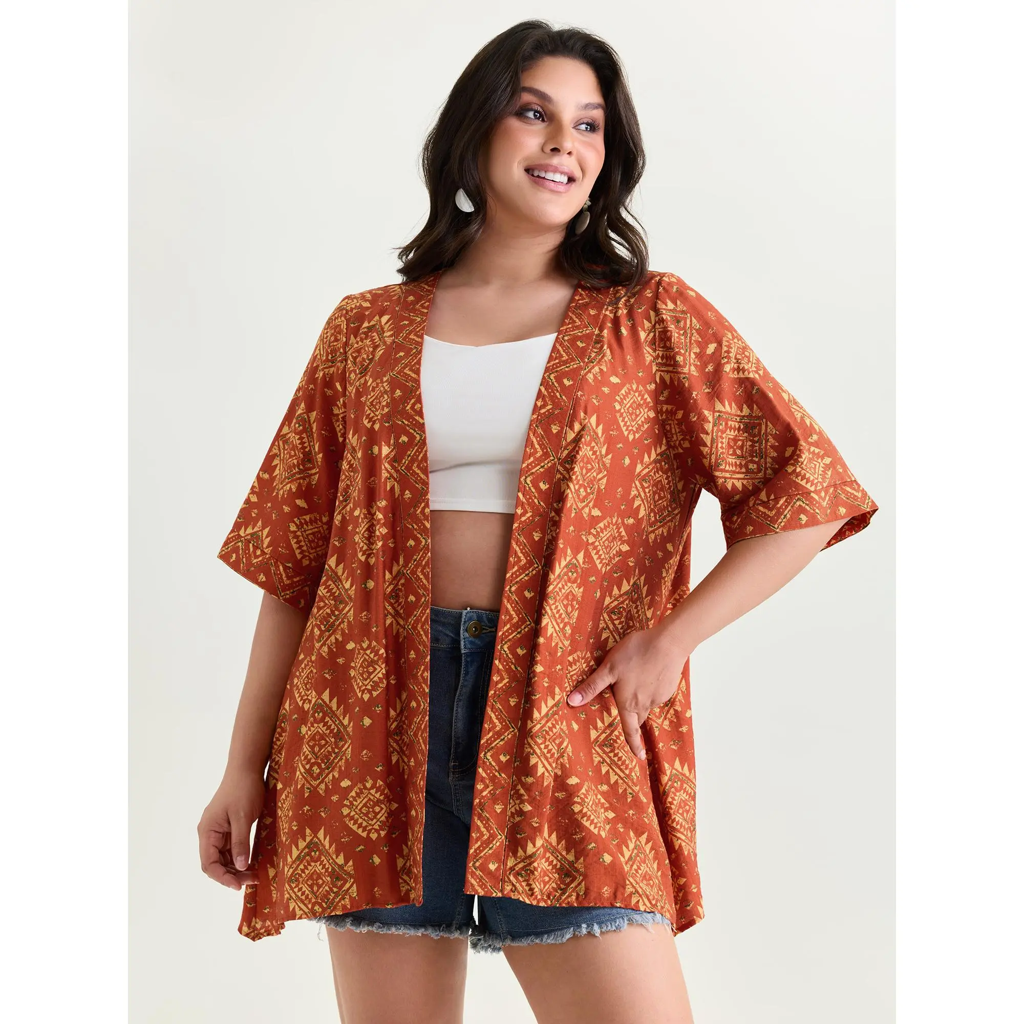 BloomChic Lady's Plus Size (M-6X) Open-Front Boho Ethnic Floral Print Kimono Cardigan - Lightweight Rayon-Nylon Blend Fabric, Straight Shoulder, Summer Swim Cover Up, Smooth Clothes, Low Iron, Cold Wash, No Tumble Dry