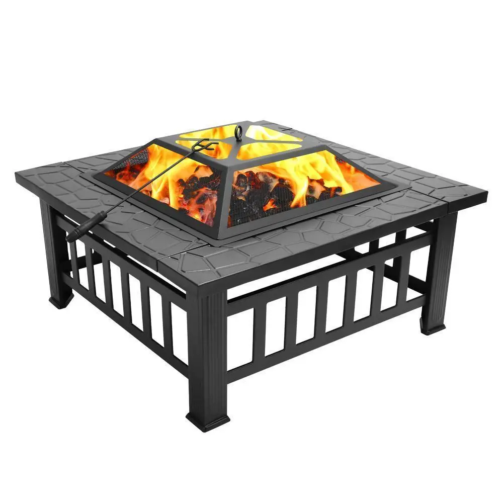 32"Iron Brazier Burning Fire Pit, Square Decorative Metal Brazier with Mesh Lid & Tongs, Poolside Party Brazier for Backyard BBQ Gatherings Warm Poolside Party Brazier