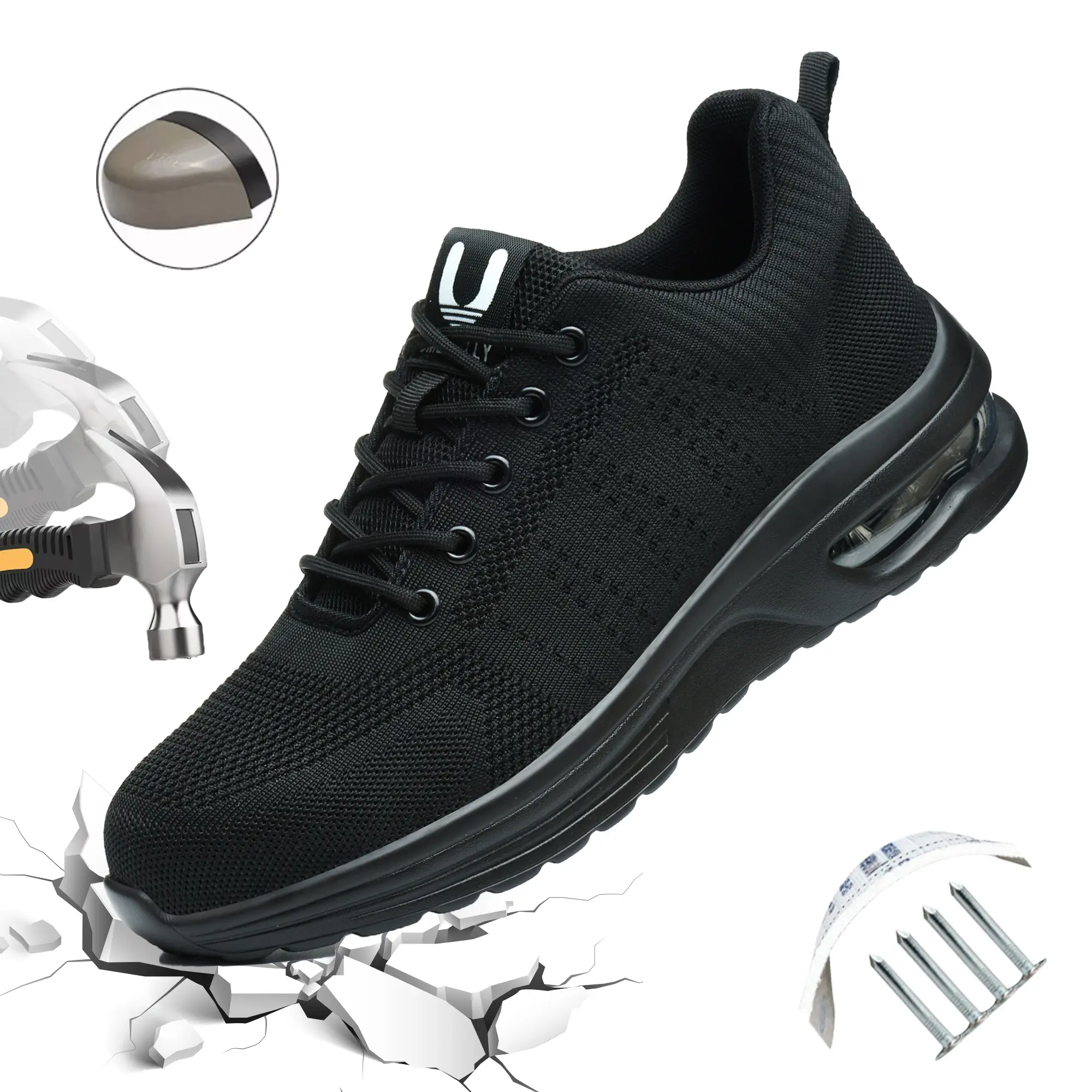 Men’s safety shoes with steel toe cap and puncture resistance, Kevlar fiber; lightweight, breathable, pure black outdoor work boots for factory/workshop use
