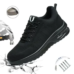 Men’s safety shoes with steel toe cap and puncture resistance, Kevlar fiber; lightweight, breathable, pure black outdoor work boots for factory/workshop use