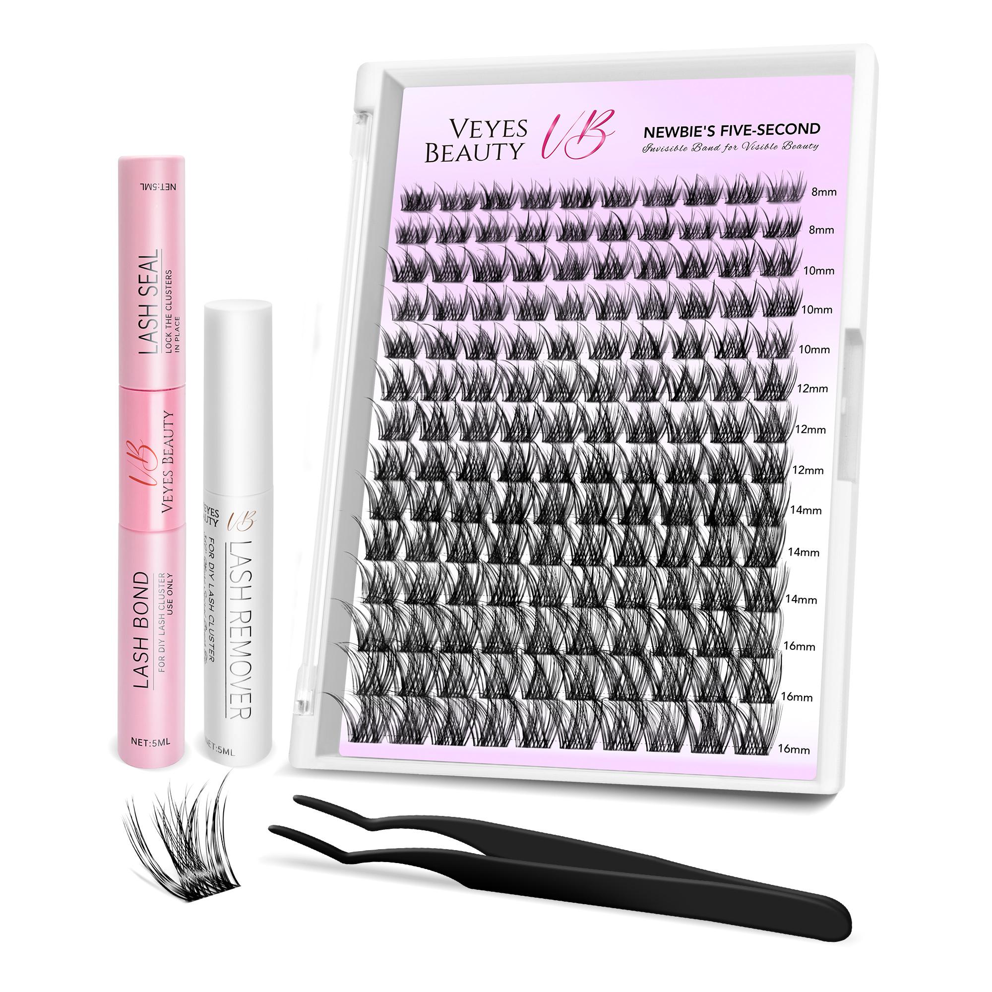 Veyesbeauty LuxeBold Cluster Lashes Eyelashes Cluster Individual Lash Extensions with Bond & Seal Tweezer Dramatic Volume Eyelash Wispy Faux Mink Lash Mixed Length DIY Large Tray for Self Makeup Cosmetic Application at Home