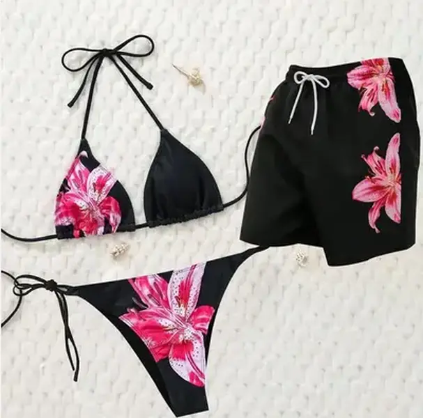 Couples Matching Swimwear Set for Vacation, Men's Floral Bathing Suit & Women's High-Waisted Halter Floral Print Summer Bikini