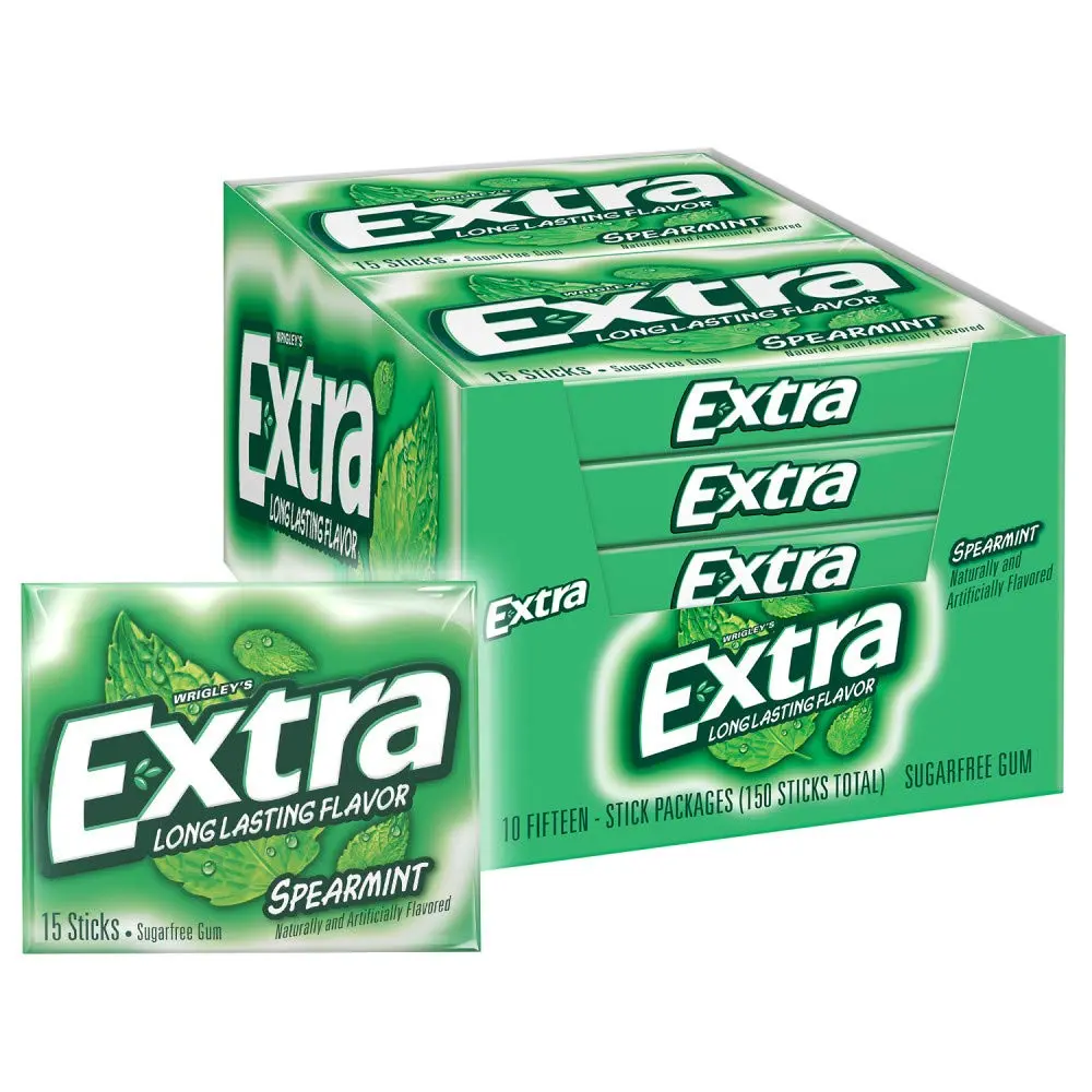 Extra Sugar-Free Spearmint Chewing Gum, 14.24 oz Bulk Box Ambient Snack, Individually Wrapped 15-Count Packs (Pack of 10), for Long-Lasting Fresh Breath at Work, Car, Bag & Backpack Pocket Storage