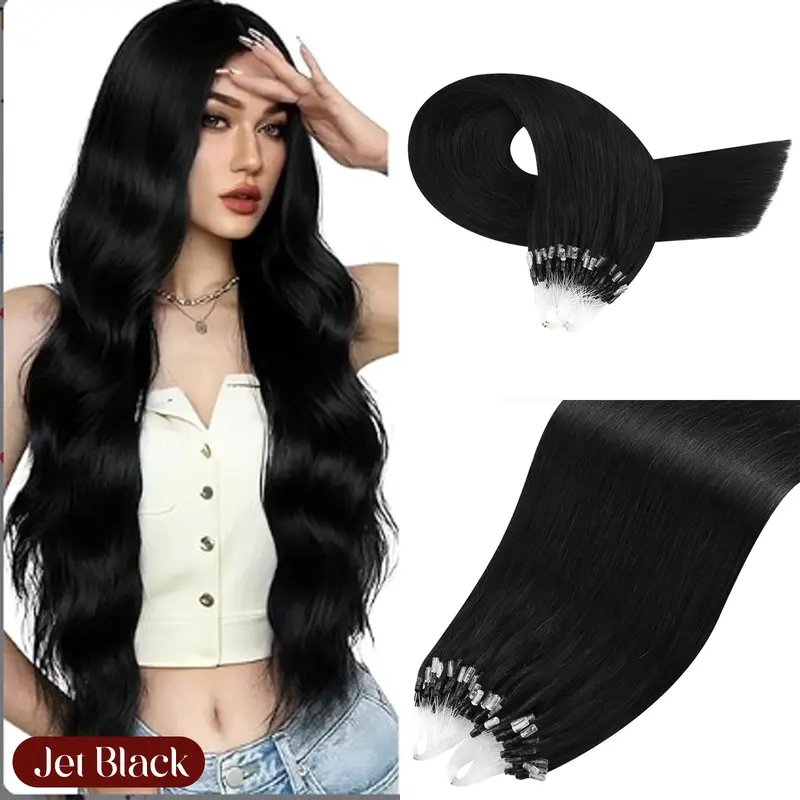 MORESOO Microbead Extensions Microlink Hair Extensions Micro Loop Natural Straight Human Hair Invisibead Extensions Micro Ring 56G 14-24inch Glueless Black Human Hair Extensions
