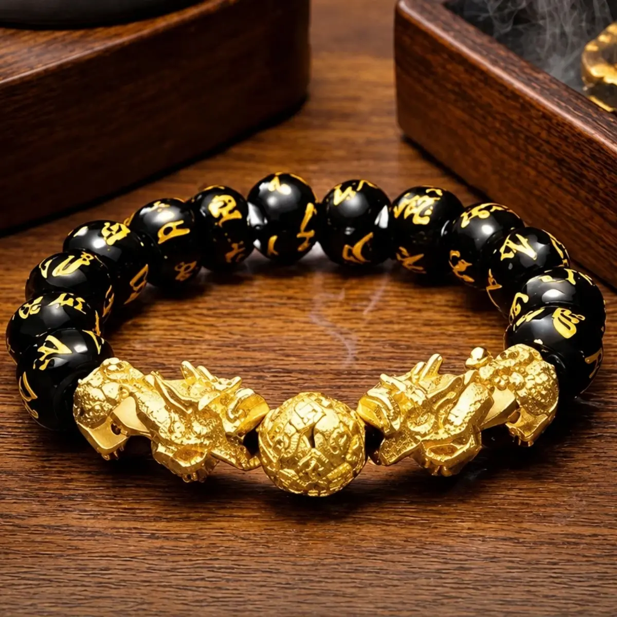 Adjustable Pixiu Beading Animal Bracelet for Men-Women, Feng Shui Glass Alloy Wealth Jewelry with Mantra Etchings, Everyday Wear Lucky Prosperity Protection Gift