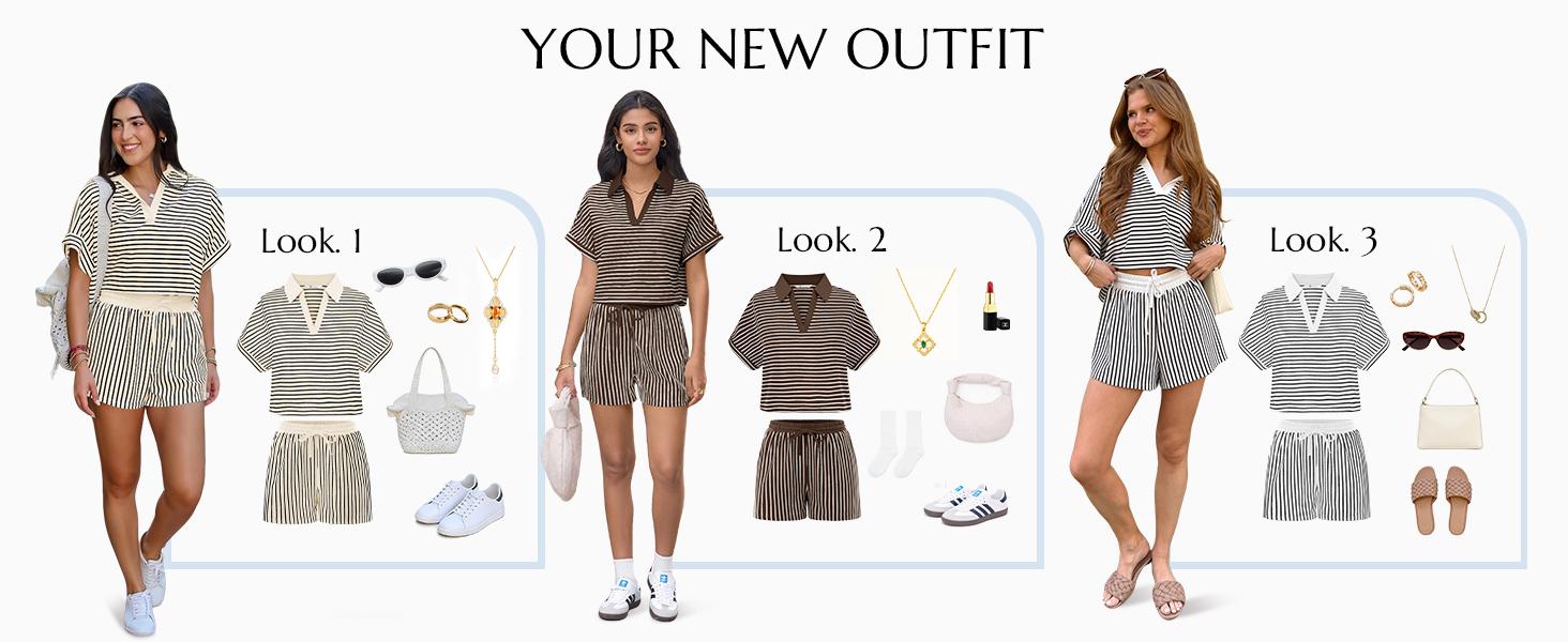 Cicy Bell Womens Striped 2 Piece Short Sets Summer Short Sleeve Collared V Neck Cropped Tops Vacation Casual Lounge Outfits